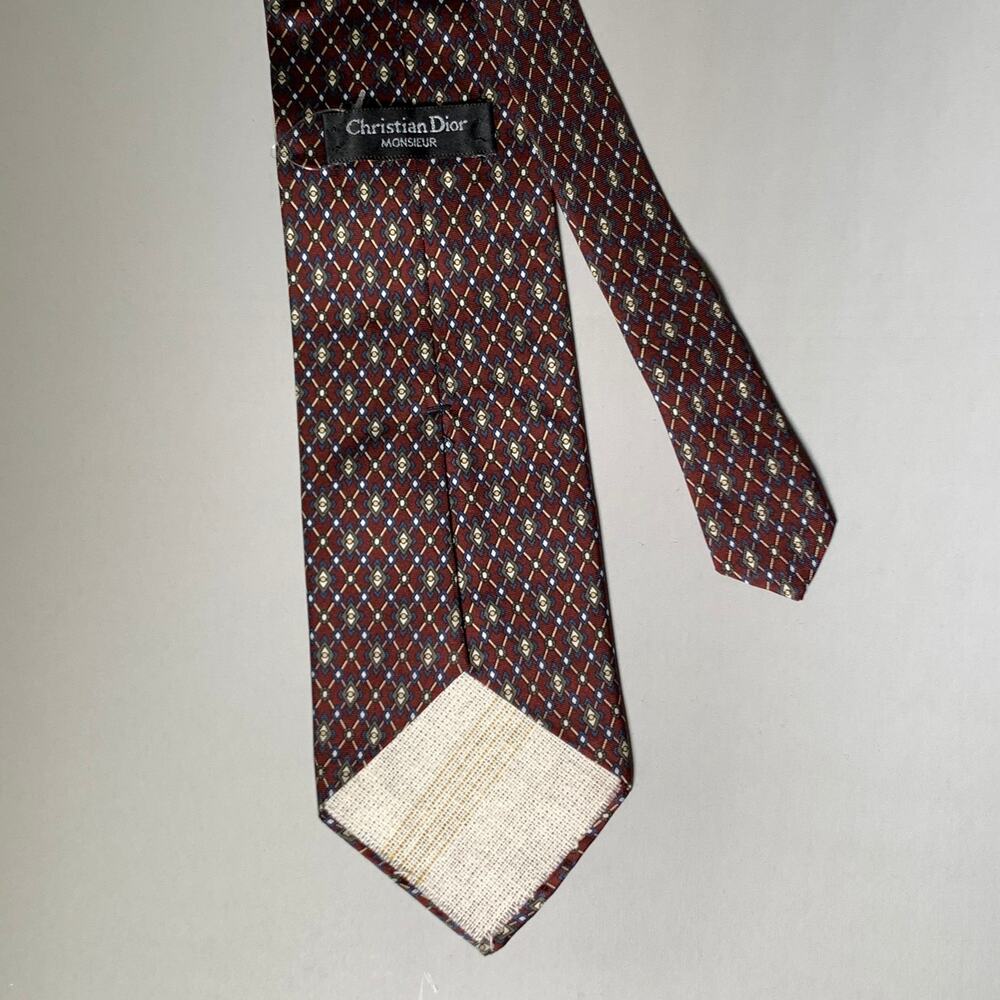 CHRISTIAN DIOR Burgundy Navy Cream Geometric Silk Tie - Picture 2 of 4